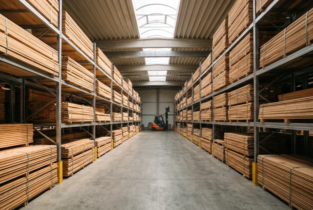 Entrepôt d'usine de parquet avec lames de eiken empilées