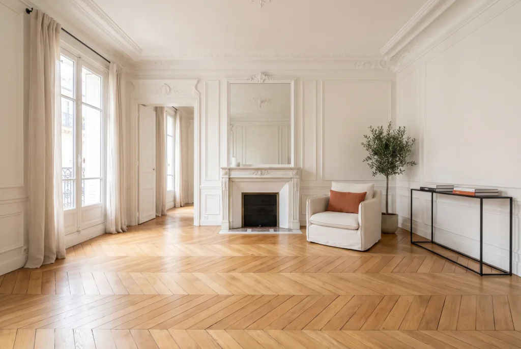 Salon haussmannien avec parquet rovere en point de Hongrie