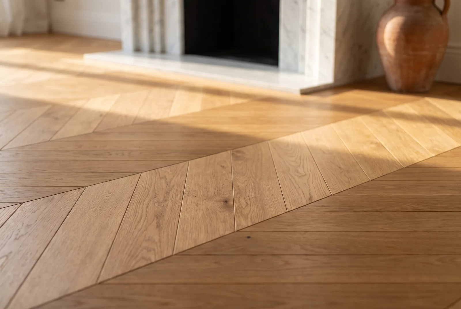 Détail d'un parquet chevron pose à 45 degrés