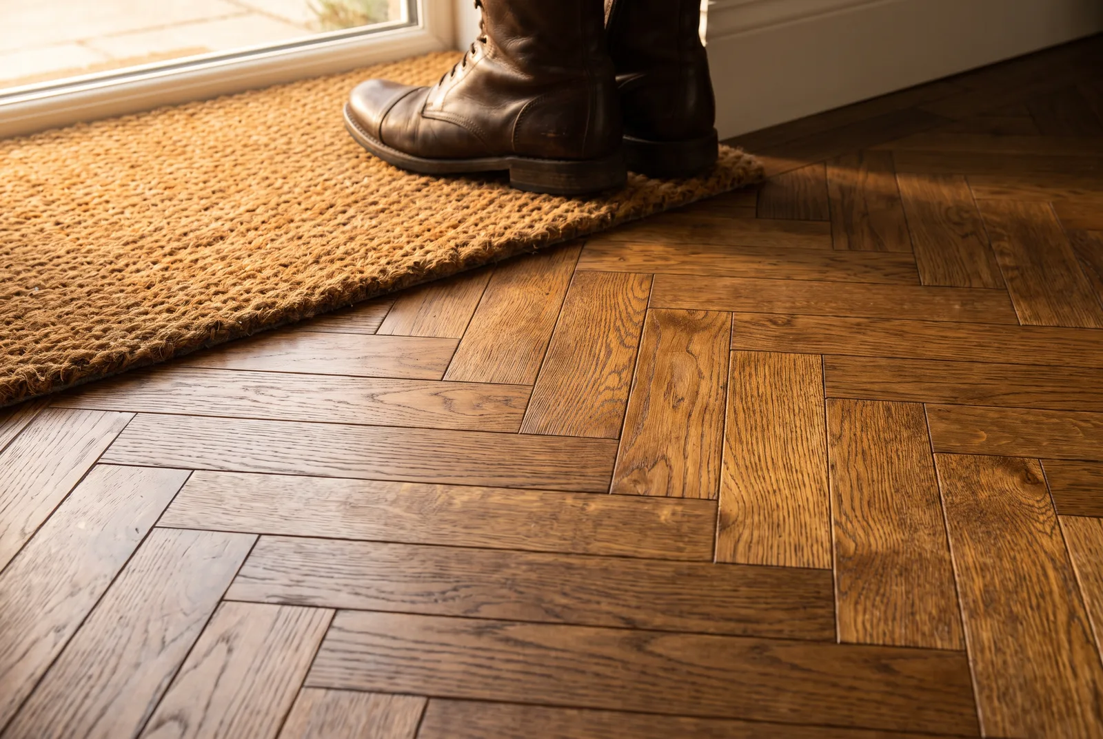 Parquet chêne à l'entrée avec paillasson et bottes