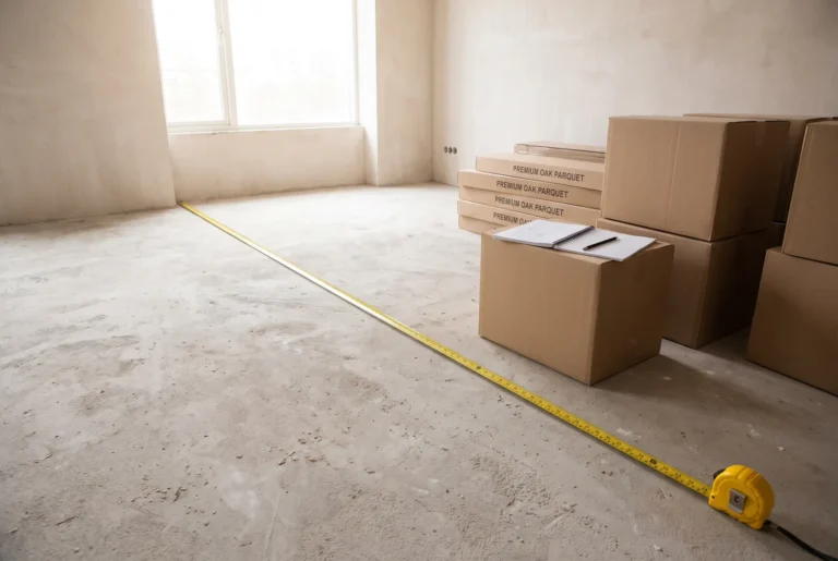 Pièce mesurée au mètre ruban avec cartons de parquet