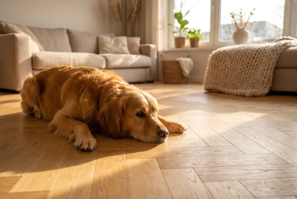 Chien golden retriever couché sur un parquet chêne
