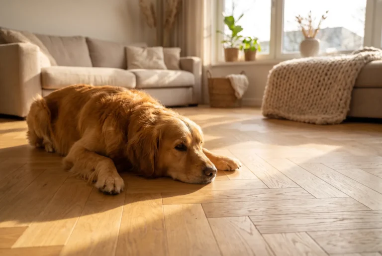 Chien golden retriever couché sur un parquet roble