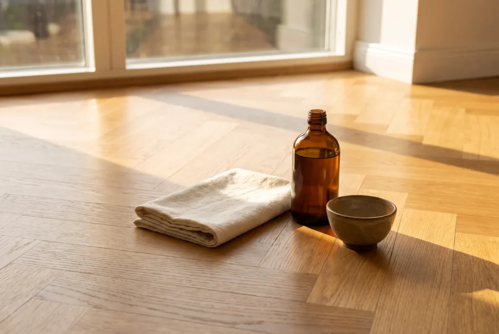 Huile d'entretien et chiffon sur parquet rovere huilé
