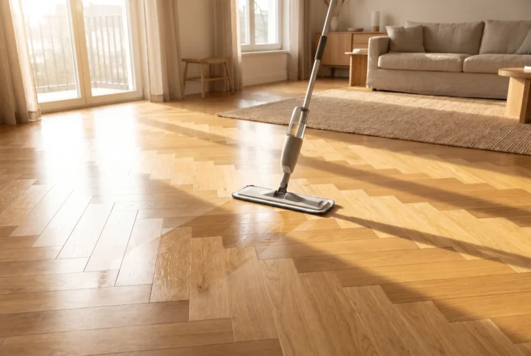 Balai plat sur parquet roble vitrifié satinado