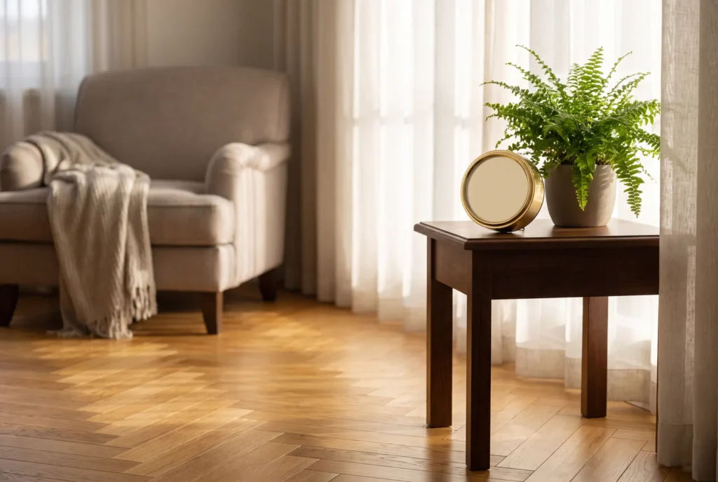 Salon avec parquet rovere et hygromètre sur table d'appoint
