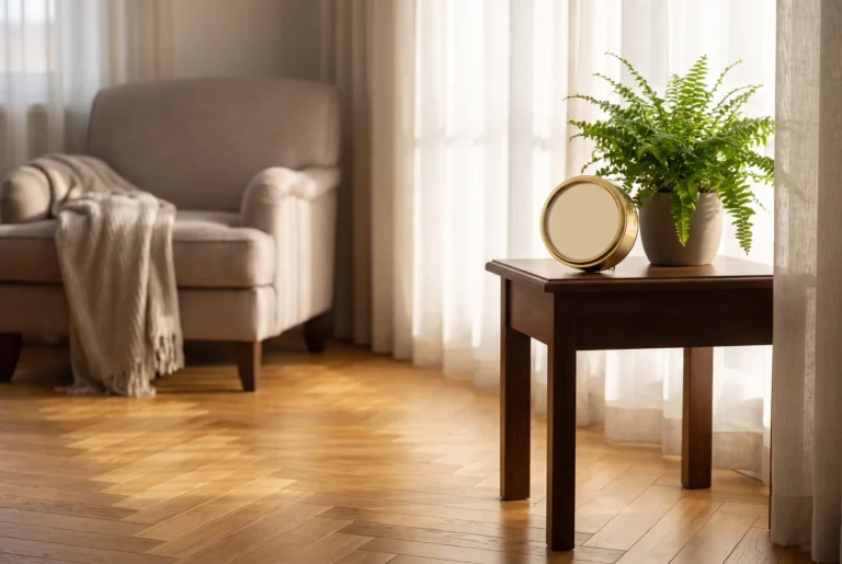 Salon avec parquet oak et hygromètre sur table d'appoint
