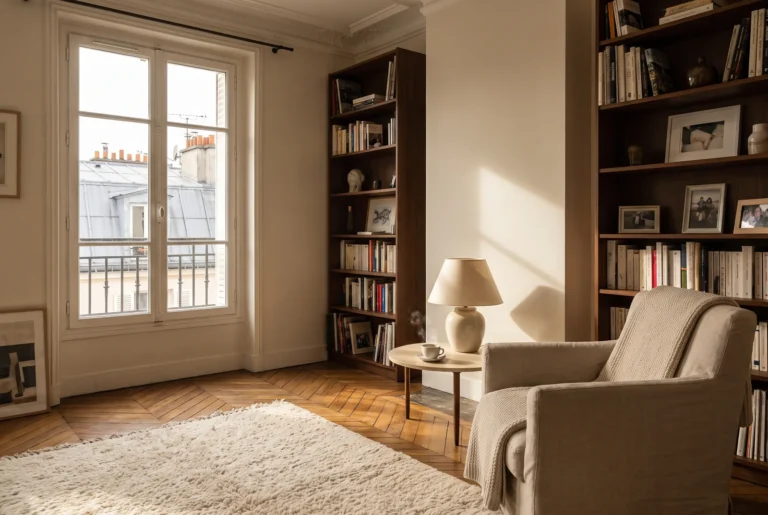Salon parisien avec parquet roble et grand tapis épais