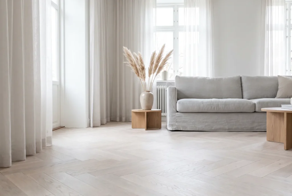 Salon scandinave avec parquet roble blanqueado