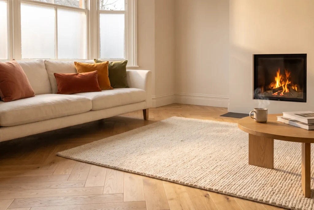 Salon chaleureux avec parquet compatible chauffage au sol
