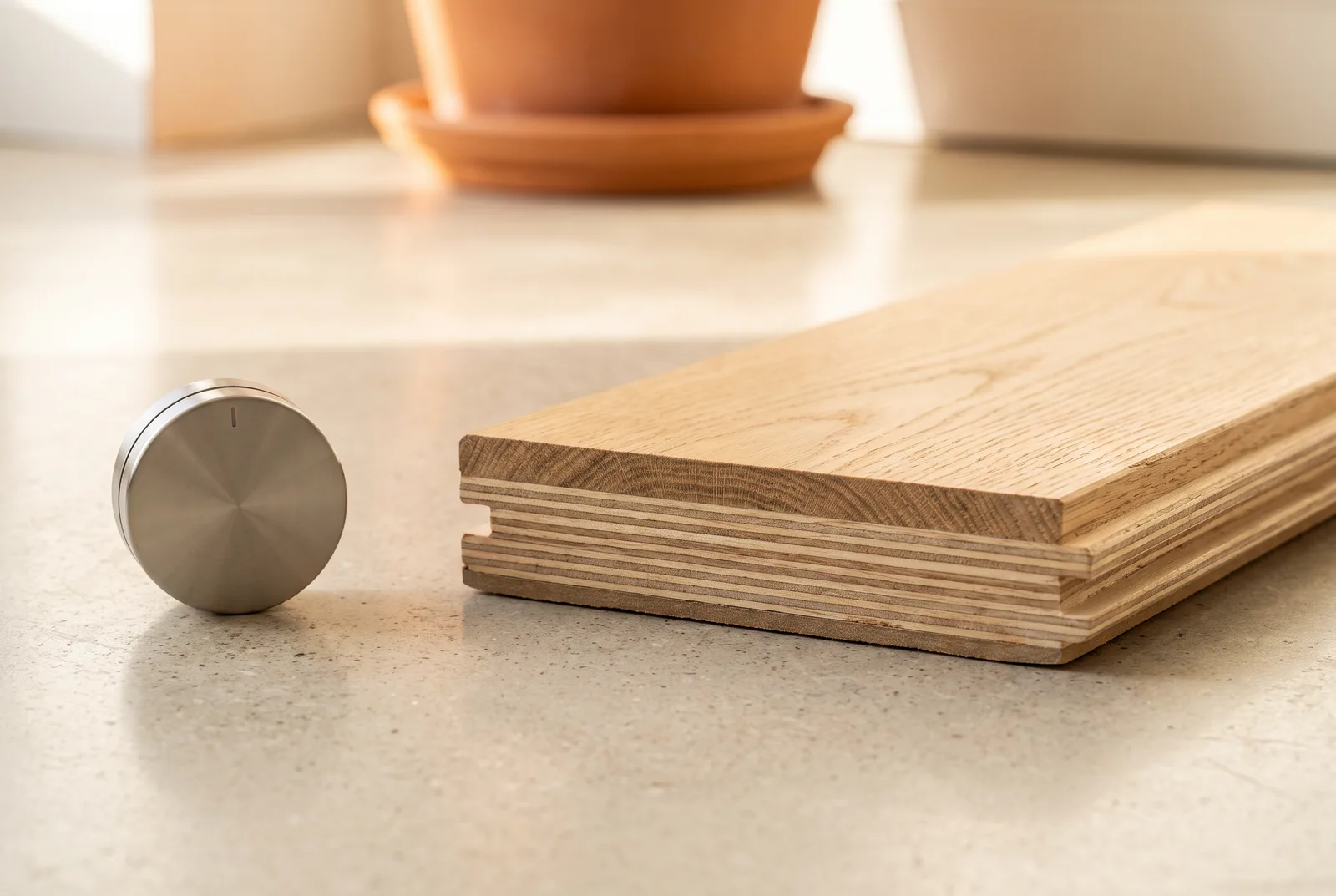 Coupe d'une lame de parquet contrecollé pour plancher chauffant