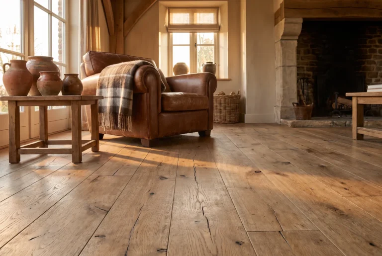 Salon rustique avec parquet oak noueux to fort character