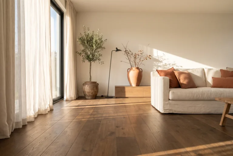 Salon avec parquet roble fumé multicapa a larges lames