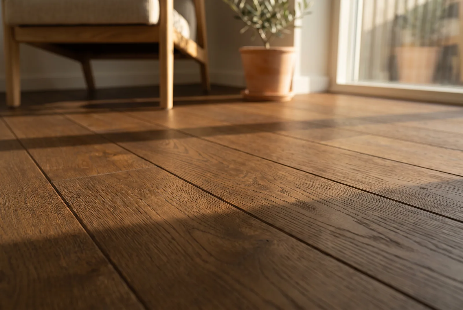 Gros plan sur des lames de parquet chêne fumé brossé
