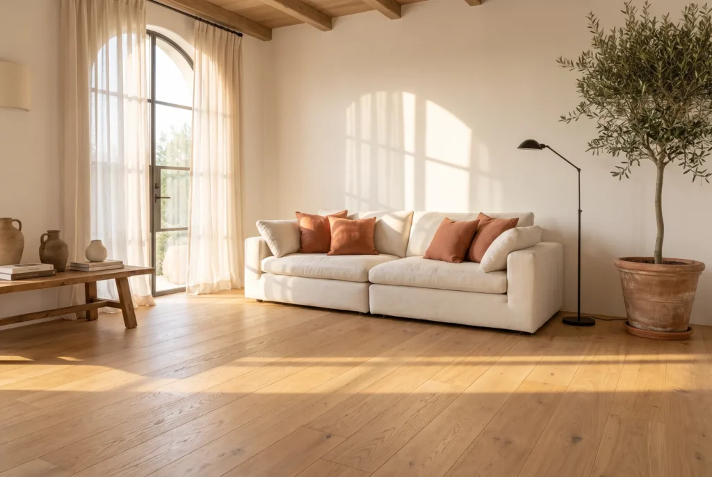 Salon lumineux avec parquet chêne contrecollé à larges lames