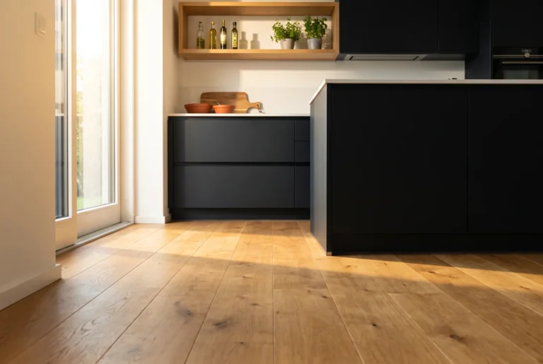 Cuisine moderne avec parquet roble et façades noir mat