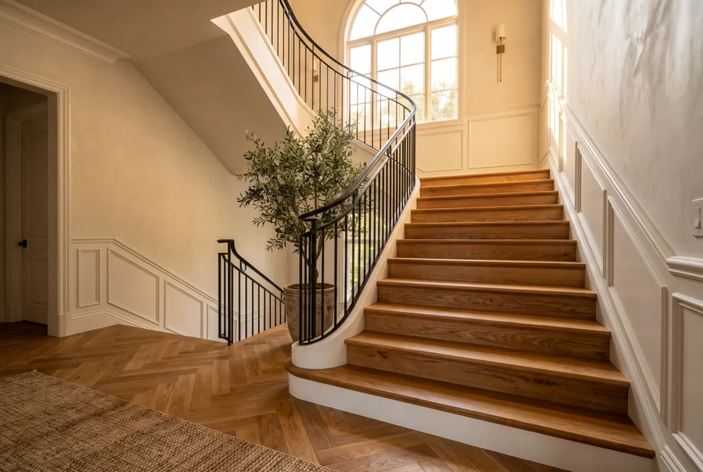 Escalier avec marches en oak solid et contremarches blanches