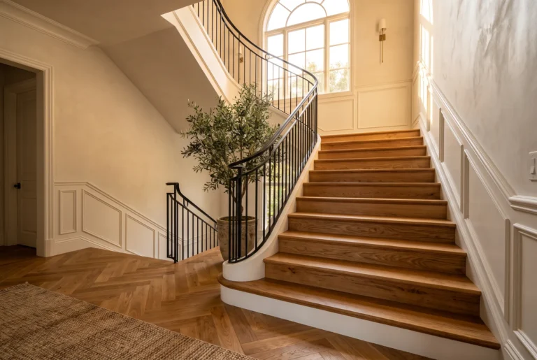 Escalier avec marches en roble macizo et contremarches blanches