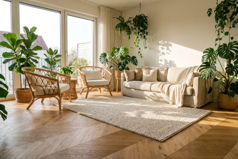Salon écologique avec parquet oak et plantes vertes