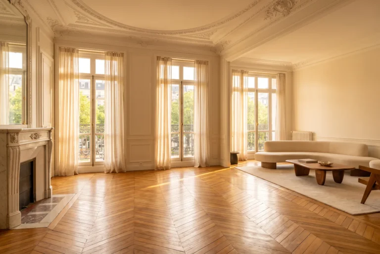 Salon haussmannien avec parquet point de Hongrie ancien restauré