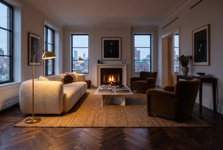 Salon raffiné avec parquet noyer americano oscuro