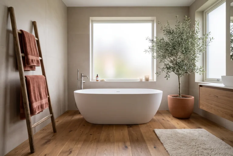 Salle de bain élégante avec parquet bois et baignoire îlot