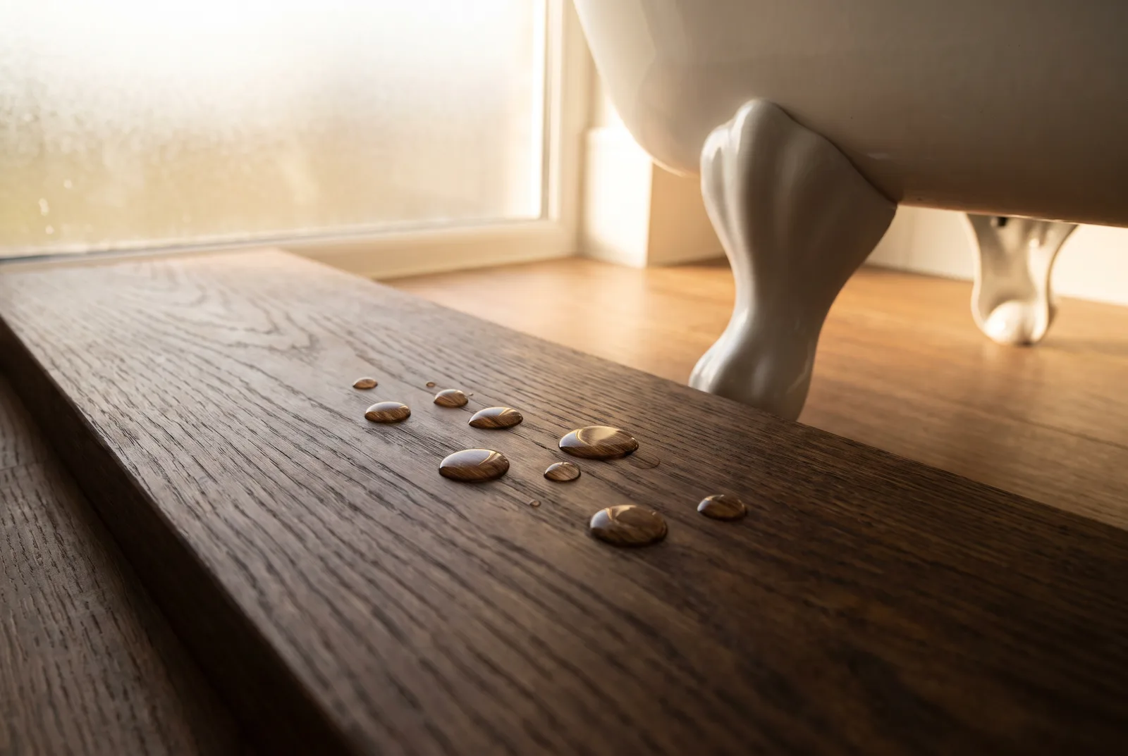 Gouttes d'eau perlant sur parquet chêne huilé