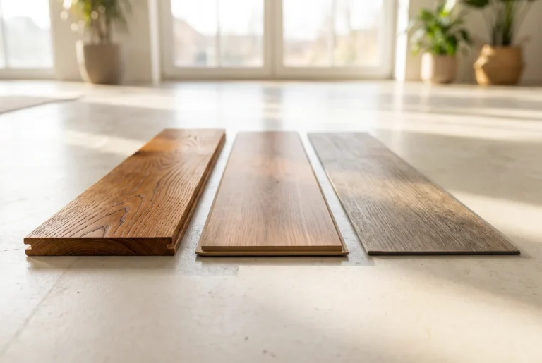 Comparaison de trois sols instalados côte a côte parquet stratifié vinyle