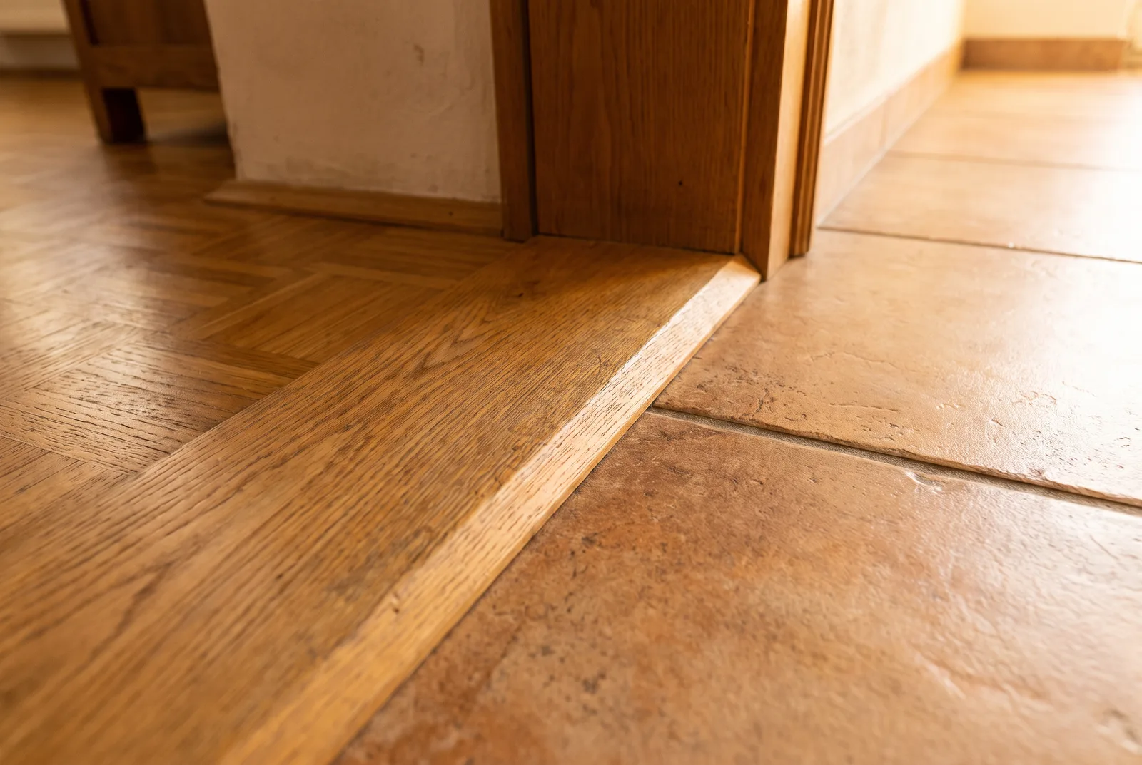 Barre de seuil en chêne entre parquet et carrelage