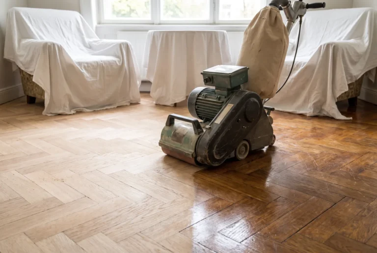 Ponceuse a parquet sur un vieux plancher roble a moitié poncé