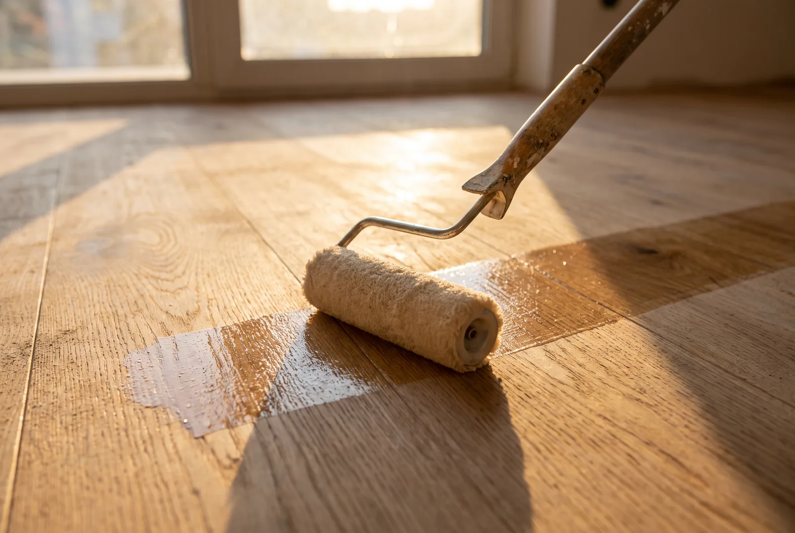 Rouleau appliquant un vitrificateur sur parquet chêne poncé
