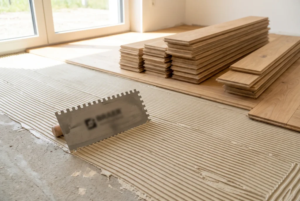 Spatule crantée et colle peignée pour pose verlijmd de parquet