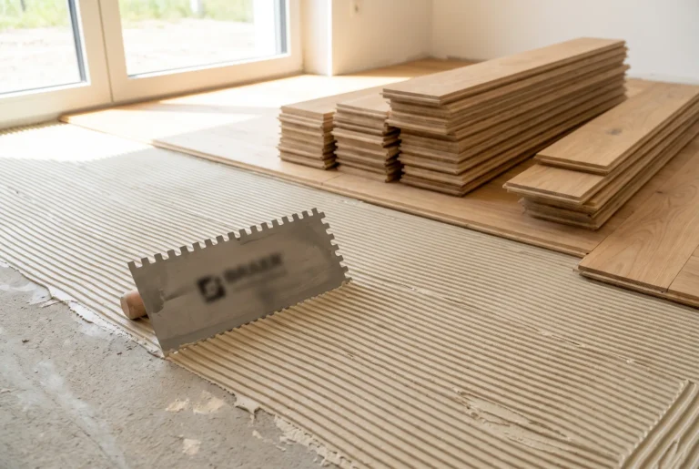 Spatule crantée et colle peignée pour pose encolada de parquet