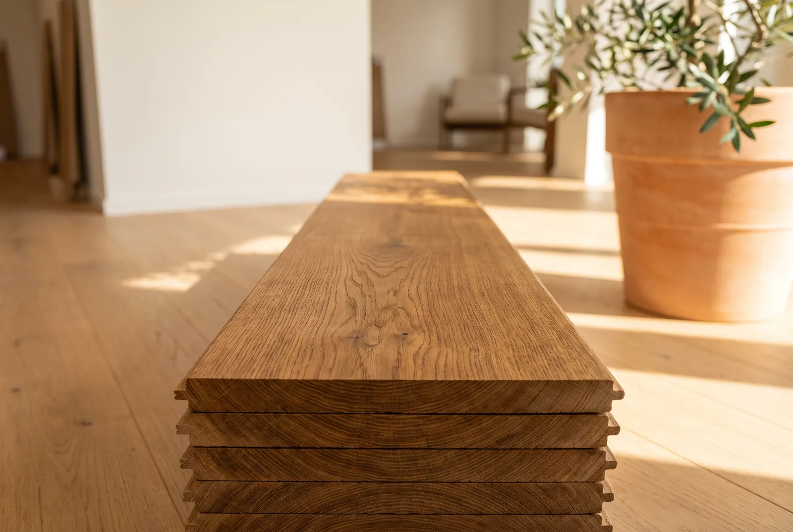 Pile de lames de parquet chêne brossé