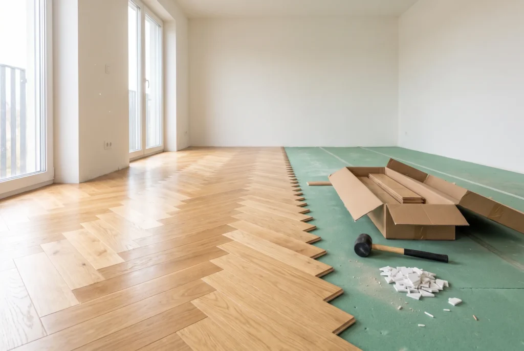 Chantier de pose de parquet eiken avec sous-couche et outils