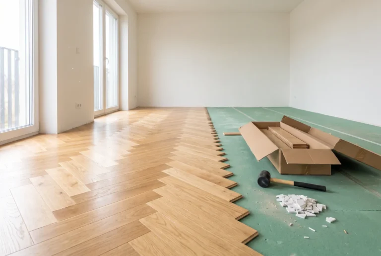Chantier de pose de parquet roble avec sous-couche et outils