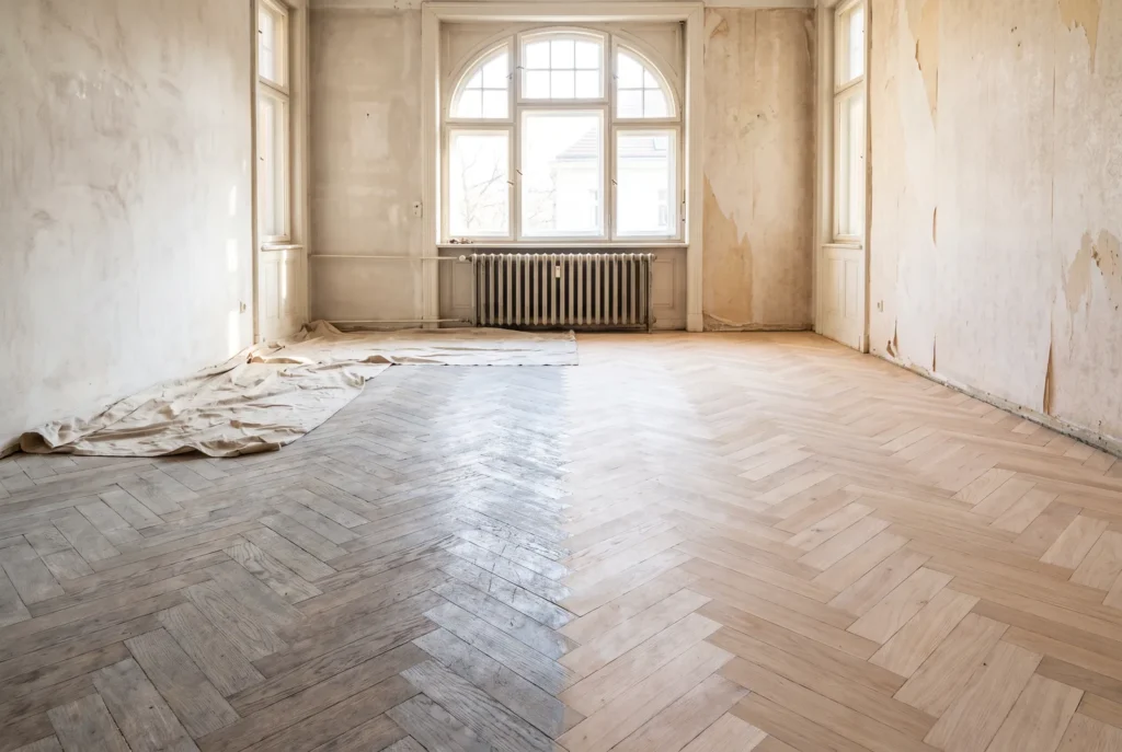 Parquet ancien à moitié poncé pendant une rénovation