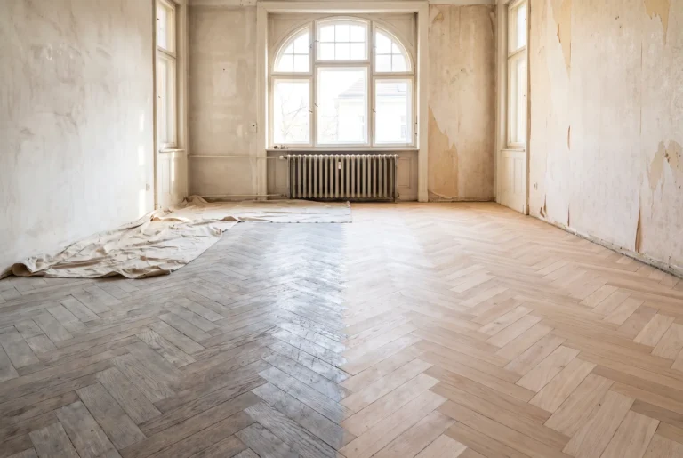 Parquet ancien a moitié poncé pendant une rénovation
