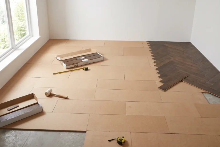 Panneaux de sous-couche instalados avec premières lames de roble