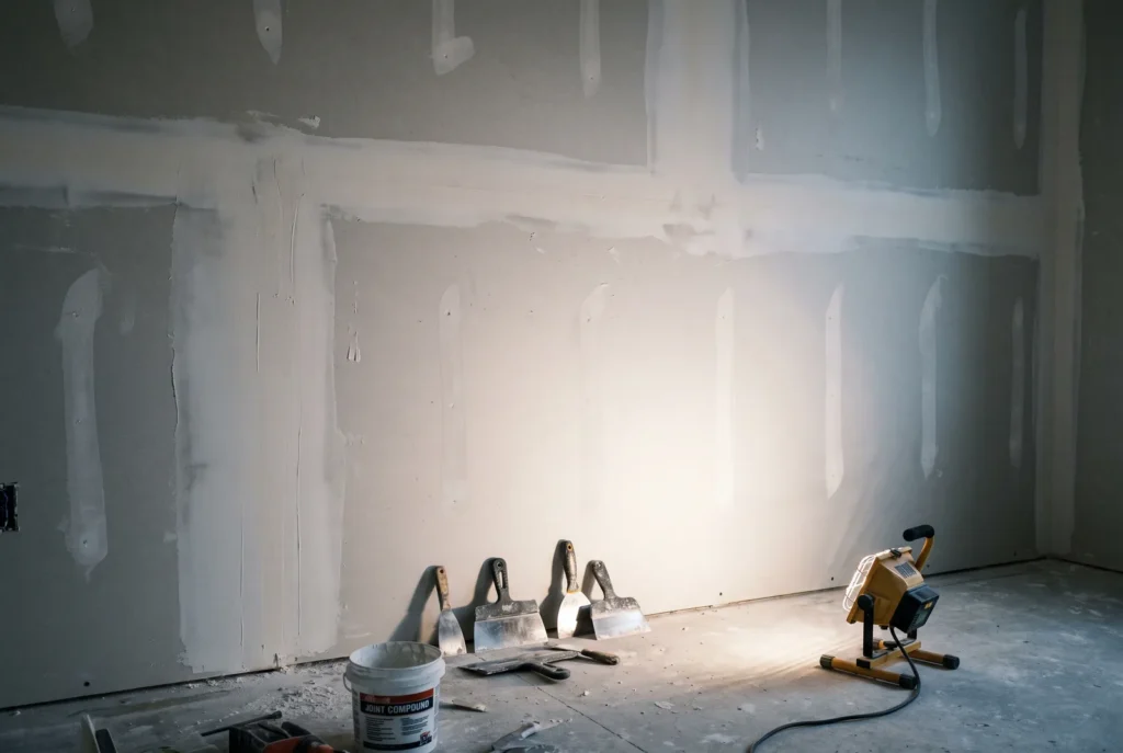 Mur en placo aux joints enduits révélés par une lampe rasante
