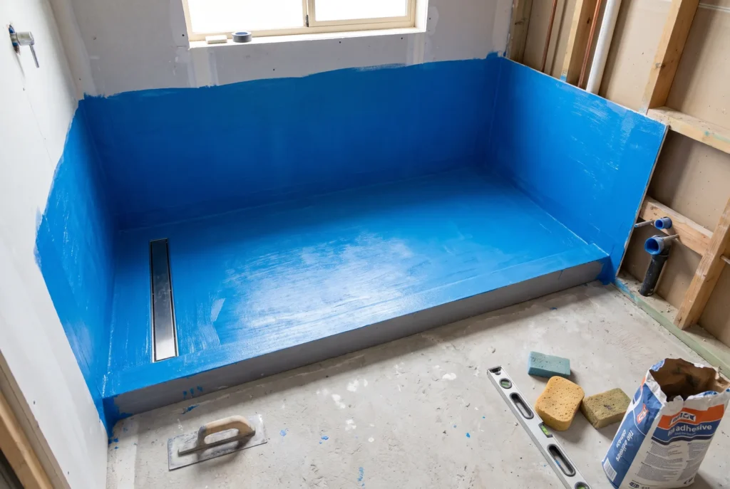 Douche italienne en chantier avec étanchéité et caniveau