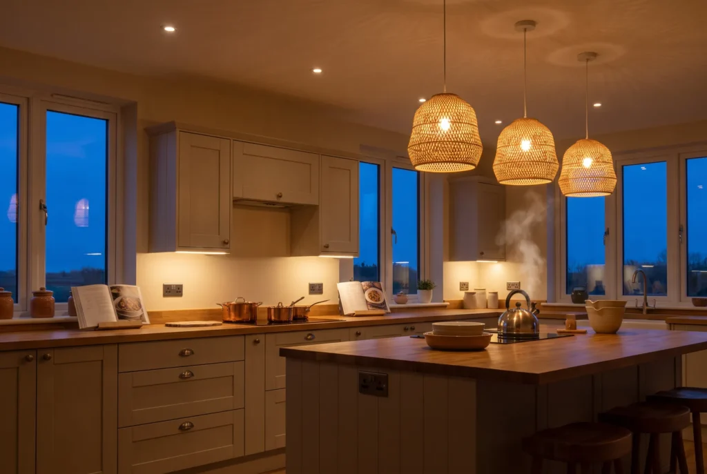 Cuisine avec éclairage en trois couches le soir