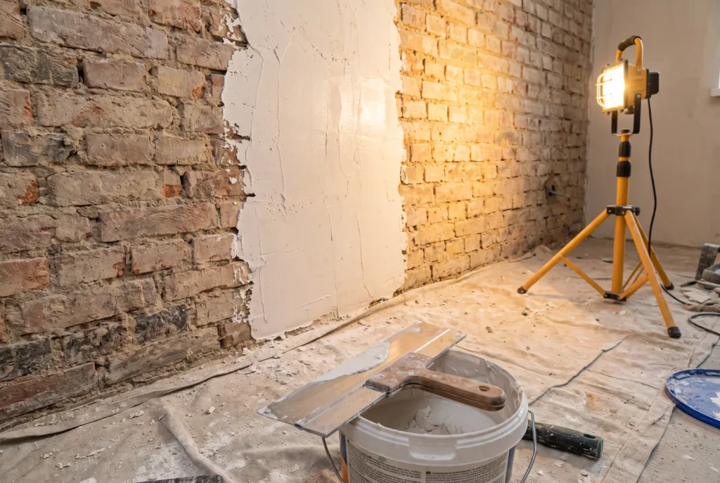 Mur ancien à moitié lissé à l'enduit de finition