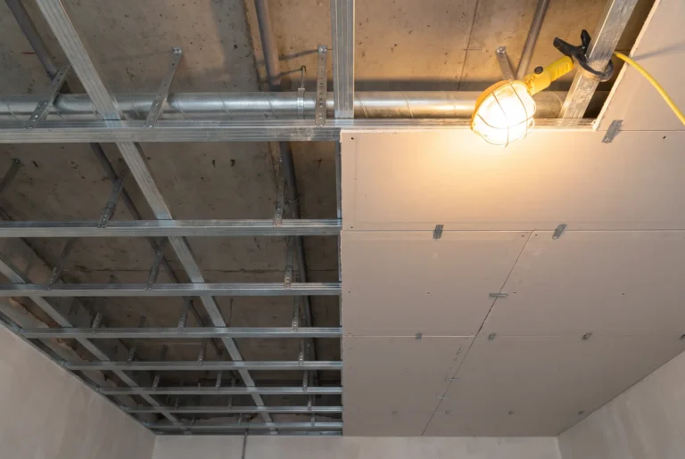 Ossature de faux plafond suspendu a moitié plaquée