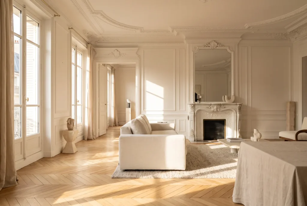 Salon haussmannien avec parquet Eiche point de Hongrie blond
