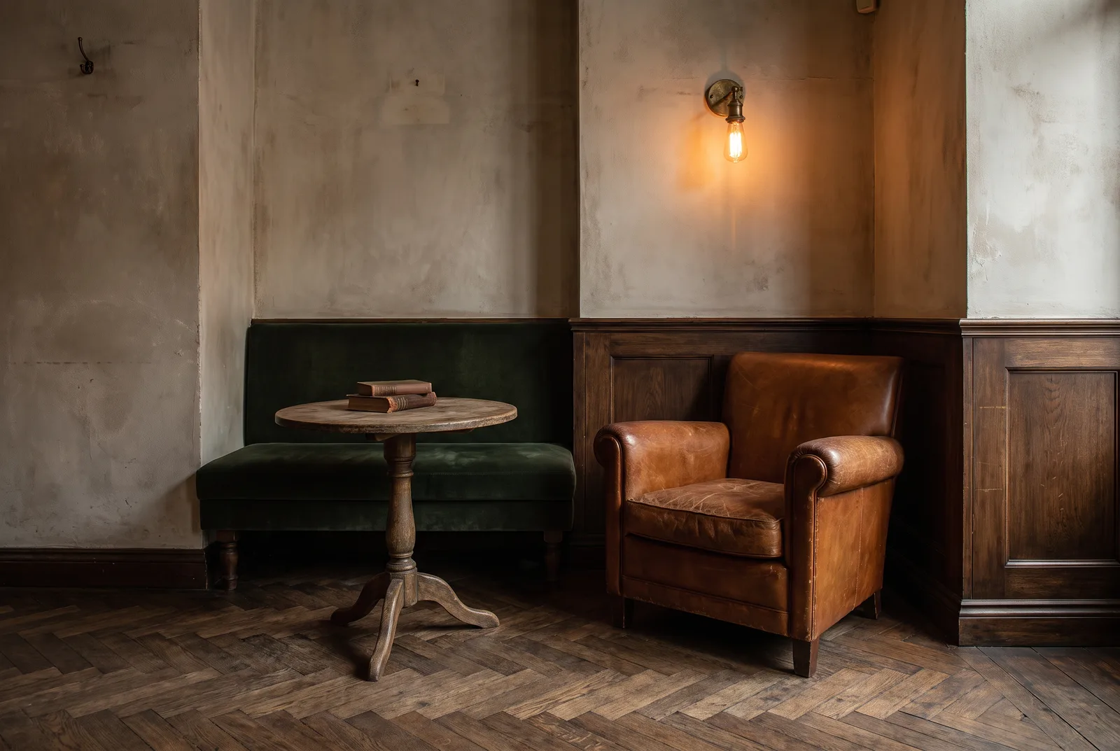 Coin café vintage avec bâtons rompus fumé et fauteuil cuir cognac