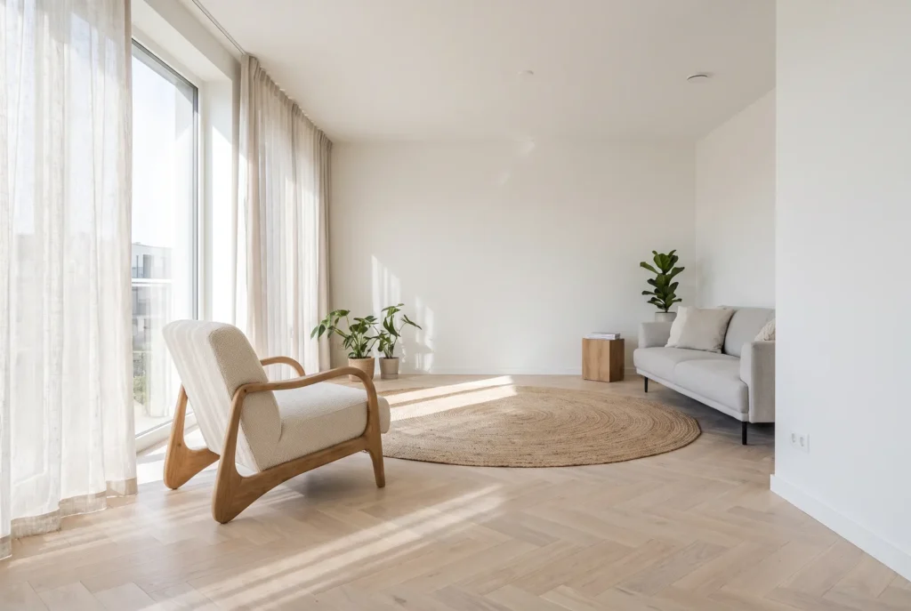 Séjour moderne avec parquet bâtons rompus en chêne blond