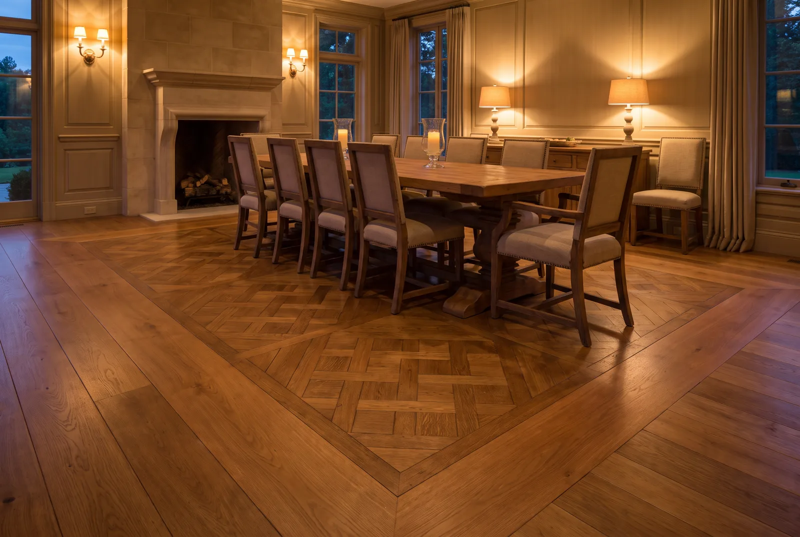 Salle à manger avec tapis de bois en panneaux Versailles