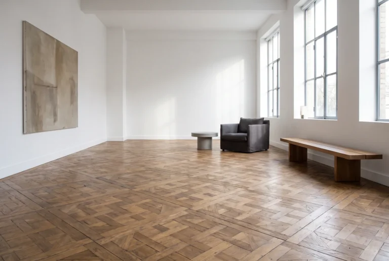 Loft blanc avec panneaux Versailles en chêne posés en diagonale