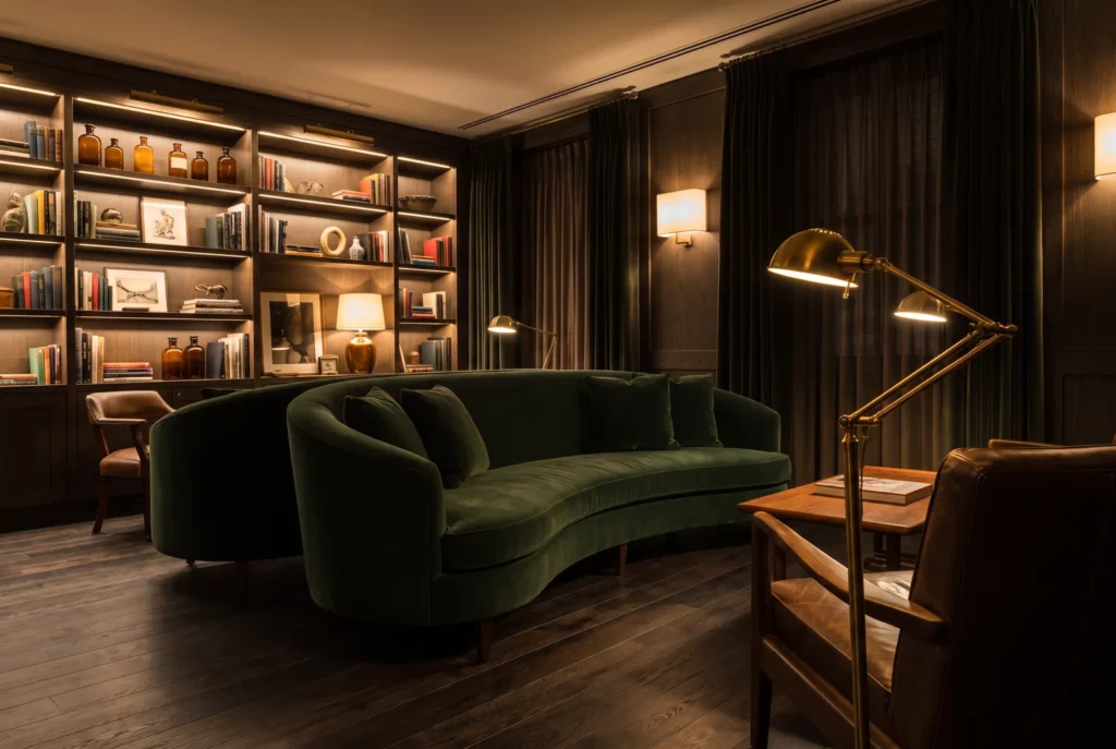 Salon feutré au parquet Eiche fumé dunkel et velours vert